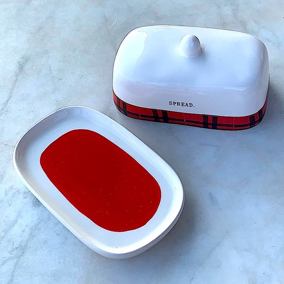 RAE DUNN SPREAD COVERED BUTTER DISH RED BLACK PLAID BAND 1 1/4TH LB 2PC - Picture 3 of 10
